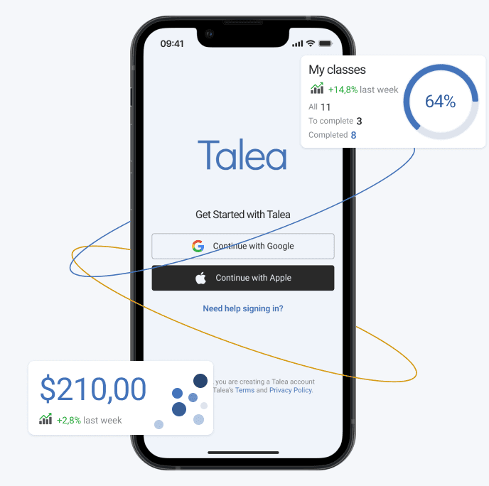 The Talea app showing class progress, earnings of $210.00 up 2.8% this week, and sign-in screen